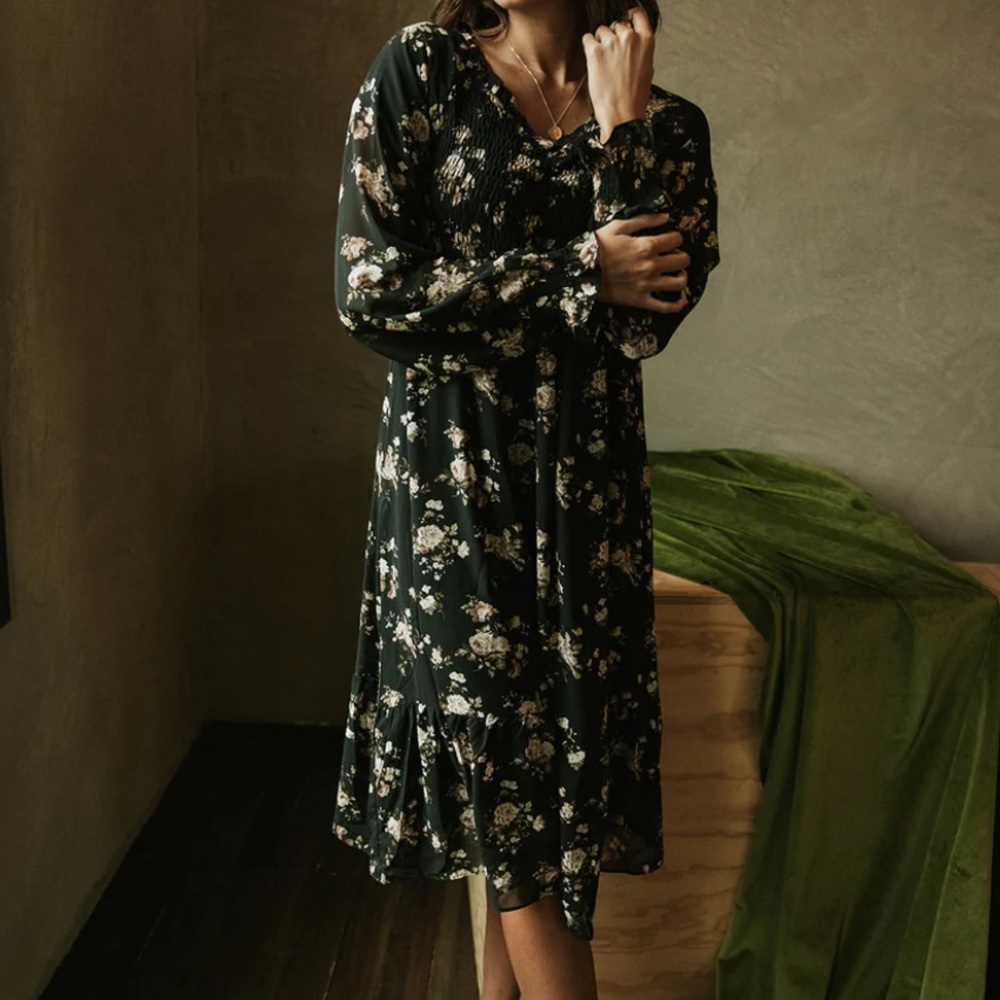 Black smocked midi dress